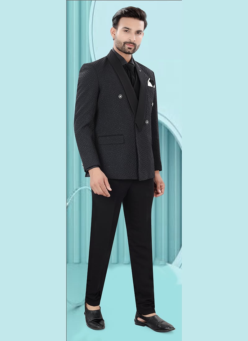 Trendy Black Jacquard Bandhgala Suit Wedding Wear