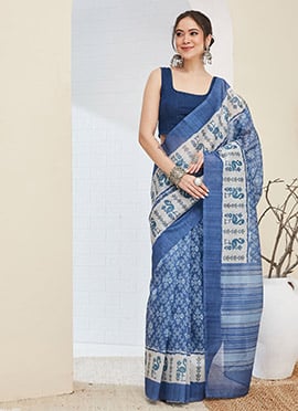 Trendy Blue Silk Blend Digital Print Saree