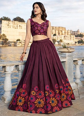 Trendy Brown Chinnon Printed Work Umbrella Lehenga