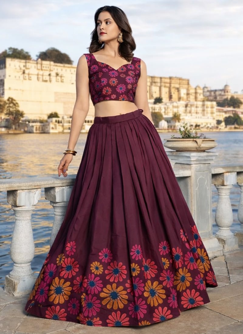 Trendy Brown Chinnon Printed Work Umbrella Lehenga After Six Wear