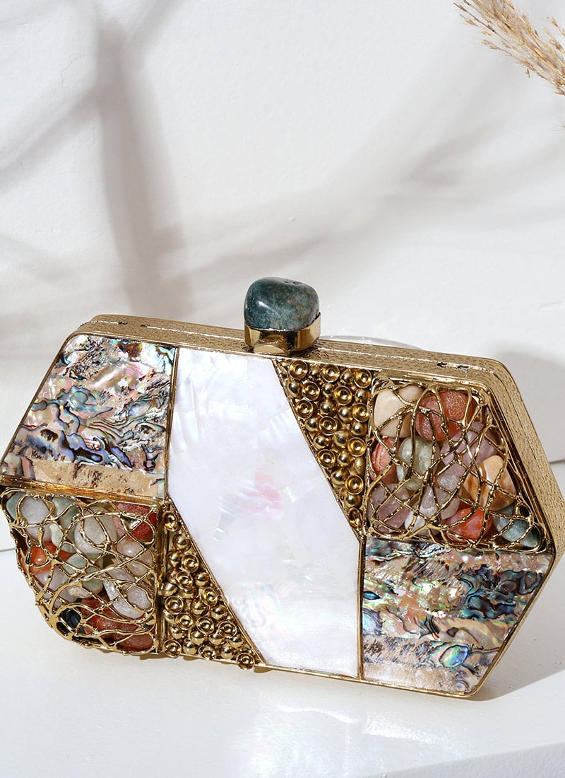 Trendy Collection Crystal Stone Embossed White Clutch Party Wear