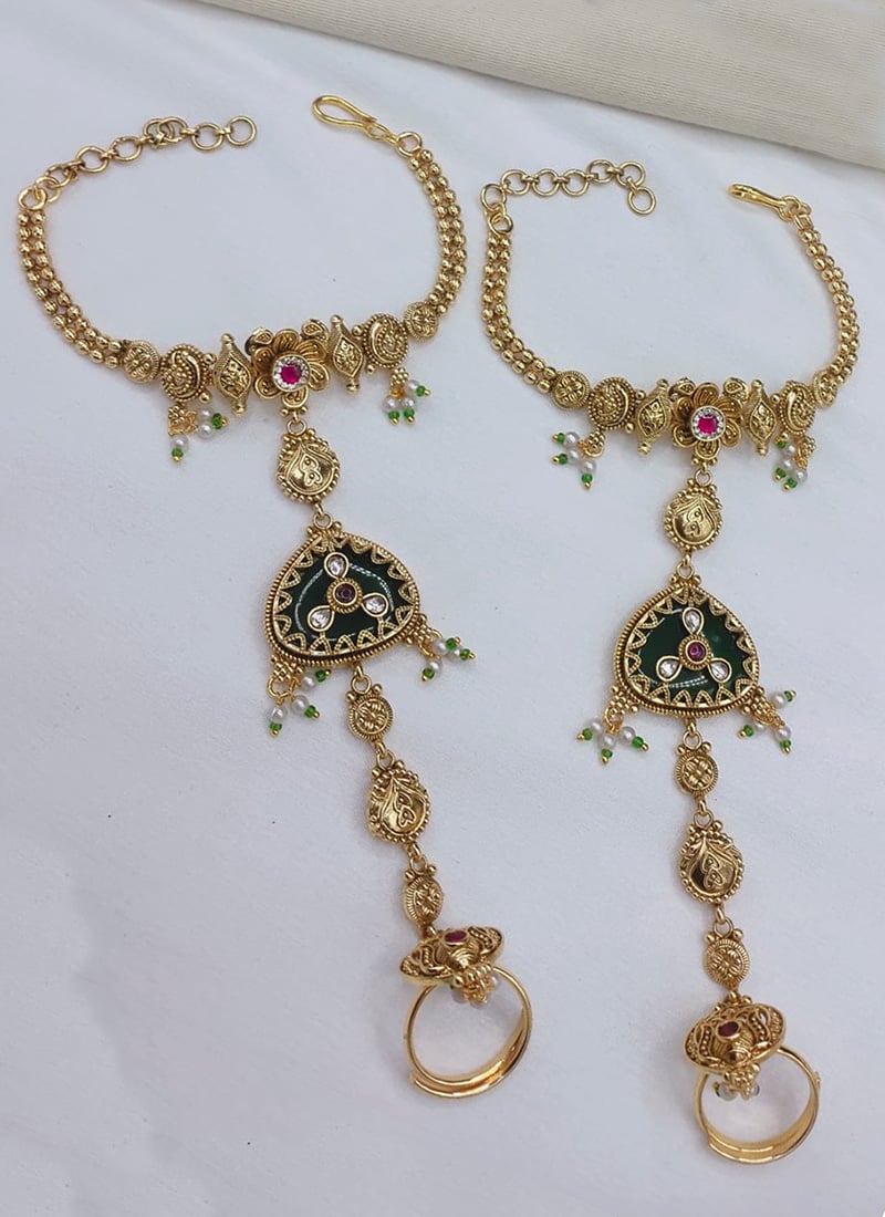 Trendy Gold Copper Beads Kundan Haath Pool Wedding Wear