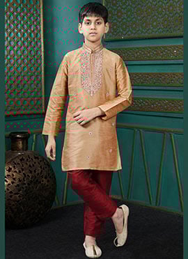 Trendy Golden Beige Art Silk Embroidered Kids Boys Kurta Pyjama
