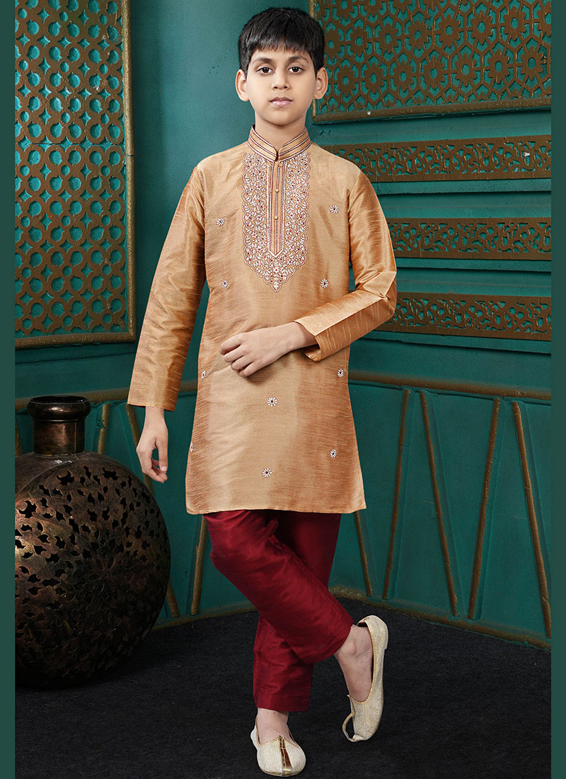 Trendy Golden Beige Art Silk Embroidered Kids Boys Kurta Pyjama Festive Wear