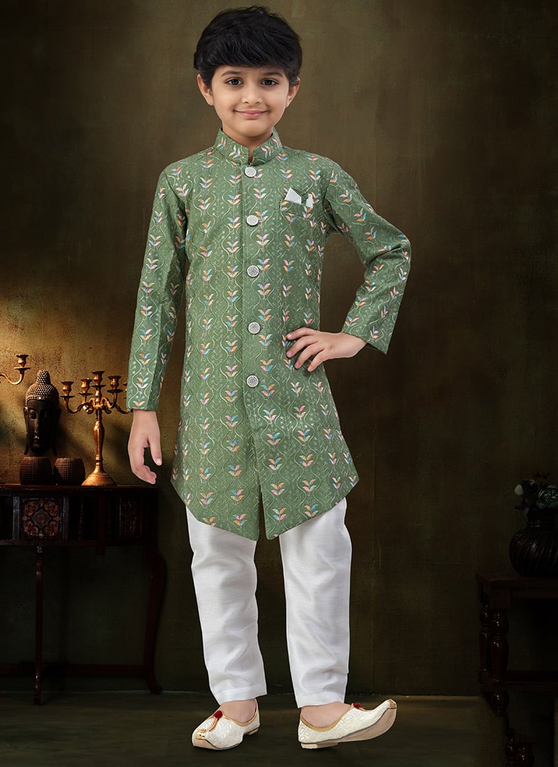 Trendy Green Imported Soft Silk Stone Work Kids Boys Indowestern Sherwani Wedding Wear