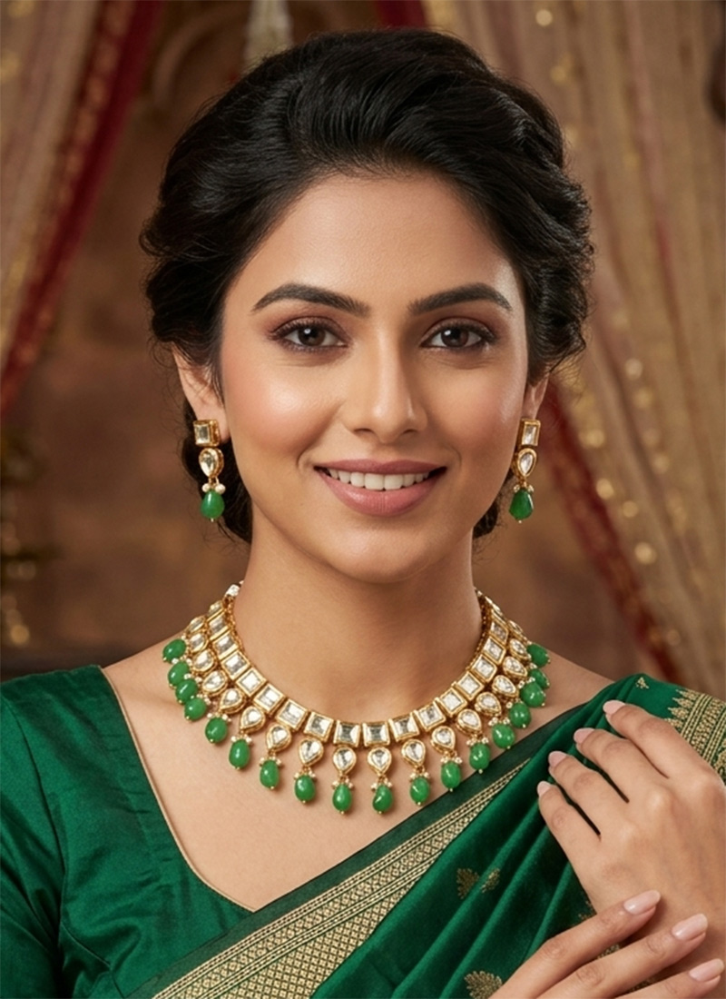 Trendy Green Kundan Pearl Choker Wedding Wear