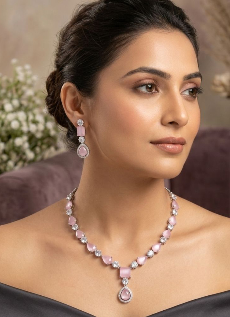 Trendy Light Pink American Diamond Stone Kundan Necklace Wedding Wear