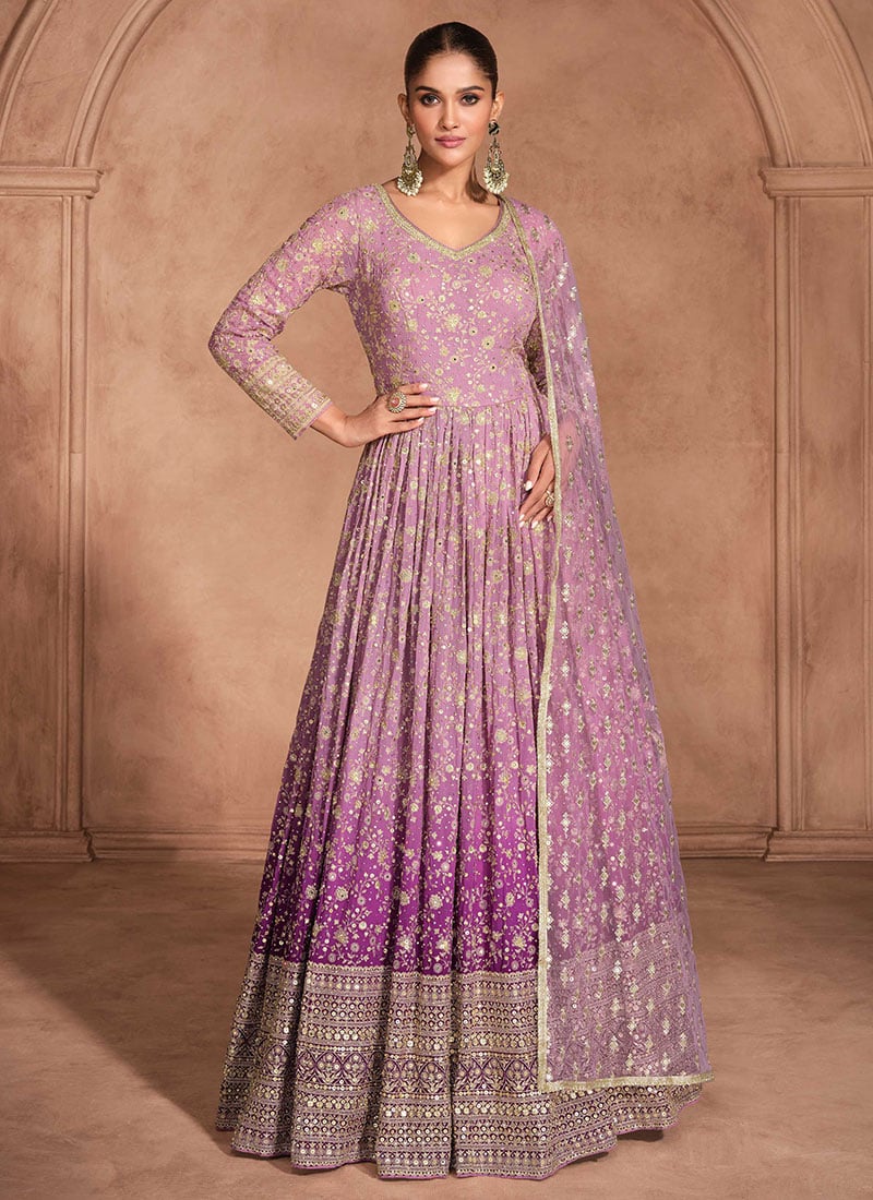 Trendy Lilac Georgette Anarkali Embroidered Sequin Work Festive Wear