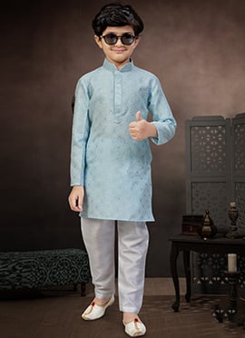 Trendy Mint Blue Banarasi Silk Jacquard Thread Lace Work Kids Boys Kurta Pyjama