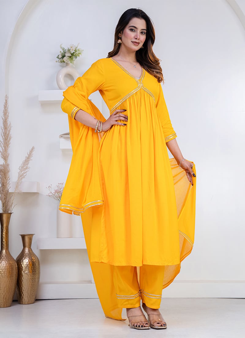 Trendy Mustard Rayon Zari Lace Work Anarkali Suit After Six Wear