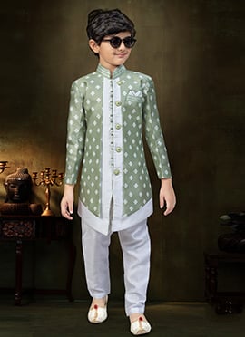 Trendy Off White Banarasi Silk Printed Kids Boys Indowestern Sherwani