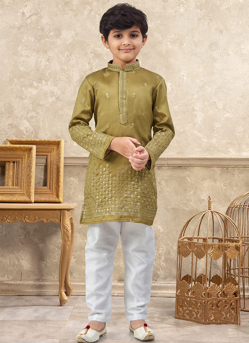 Trendy Olive Green Soft Silk Tikki Work Kids Boys Kurta Pyjama Festive Wear