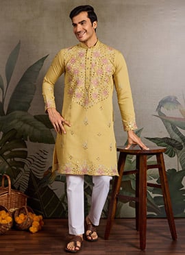 Trendy Olive Viscose Silk Embroidered Sequins Thread Kurta