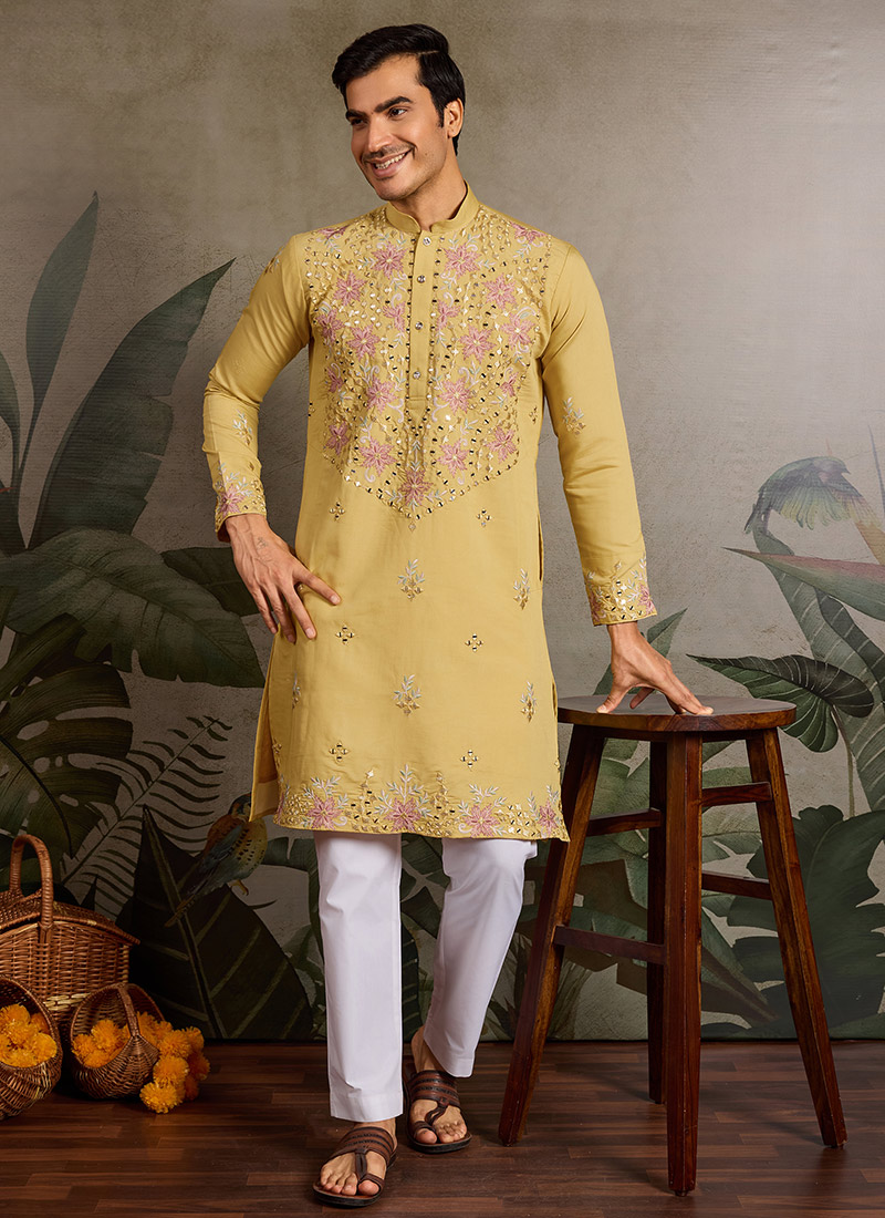Trendy Olive Viscose Silk Embroidered Sequins Thread Kurta