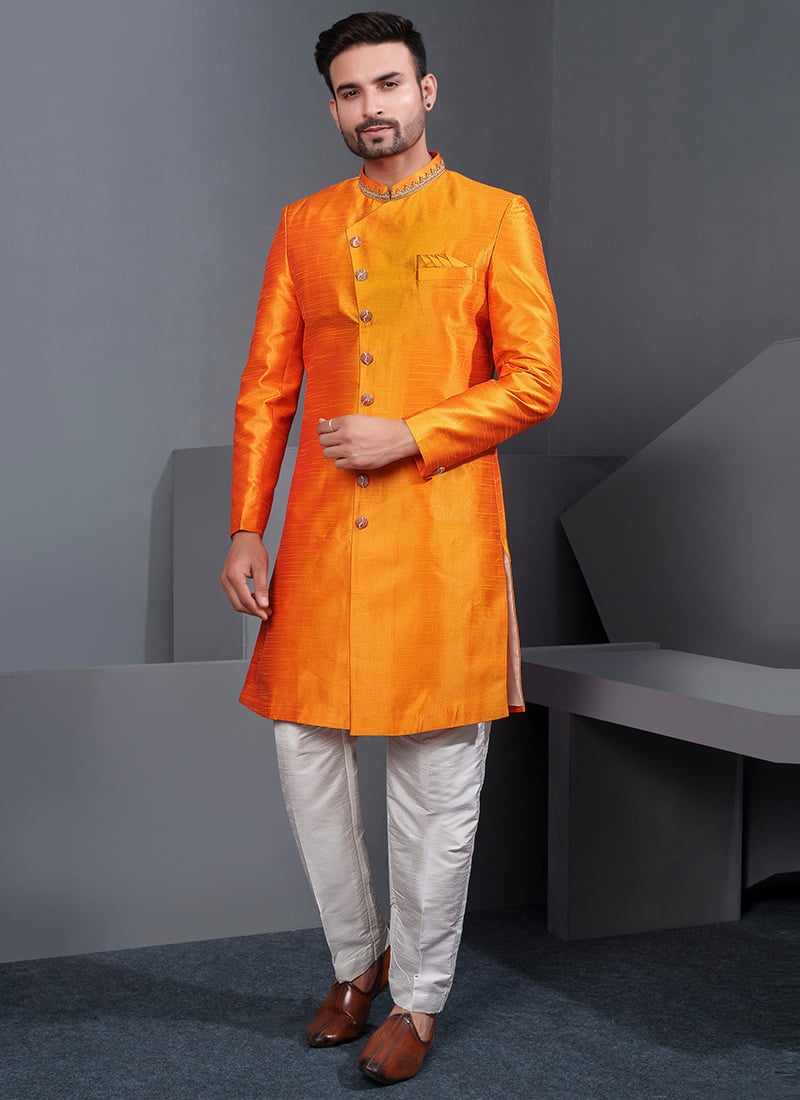 Trendy Orange Silk Lace Work Indowestern Sherwani Wedding Wear