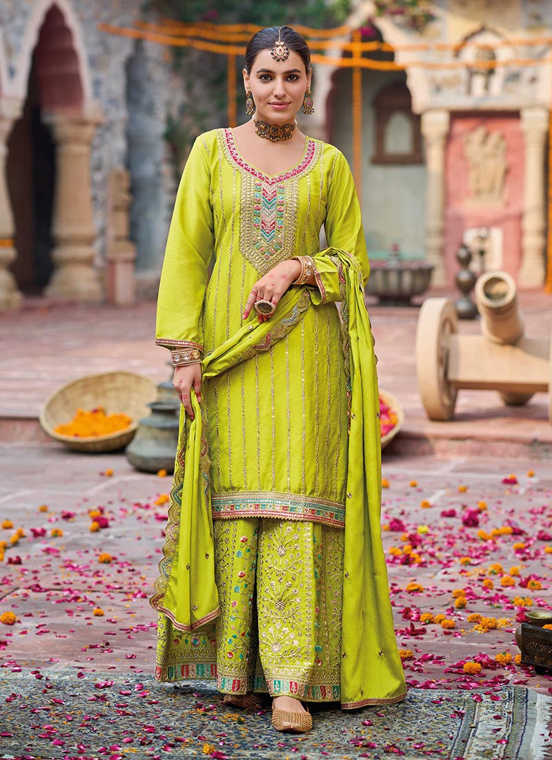Trendy Pakistani Palazzo Suit With Lime Green Sequin Embroidery Festive Wear
