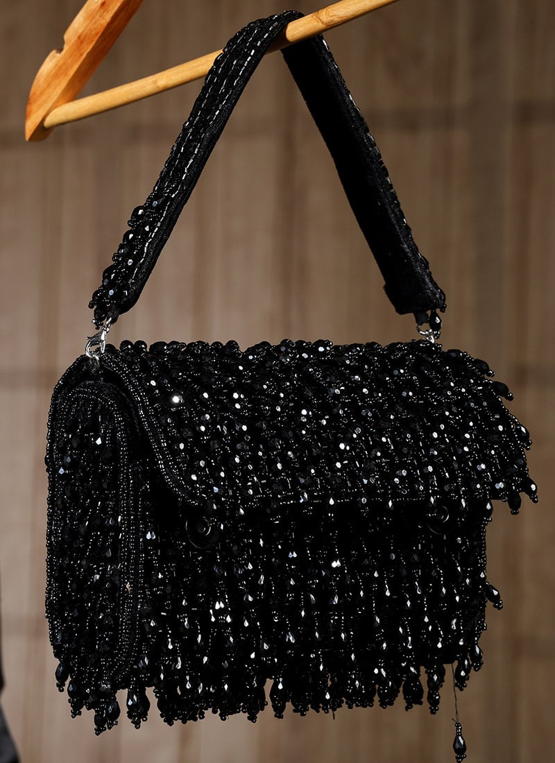 Trendy Party Must Black Crystal Beads And Moti Embossed Hand Bag Party Wear