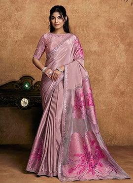 Trendy Pink Crepe Embroidered Stone Beads Sequins Zari Saree