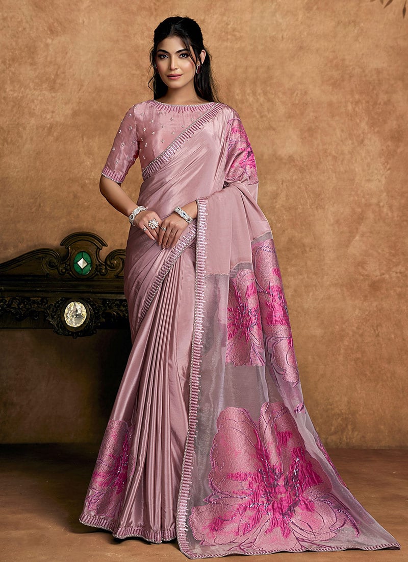 Trendy Pink Crepe Embroidered Stone Beads Sequins Zari Saree Wedding Wear