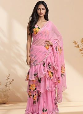 Trendy Pink Faux Georgette Digital Print Saree