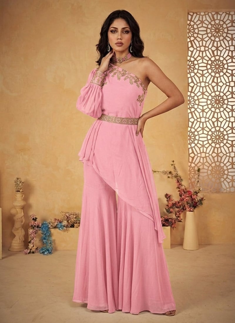 Trendy Pink Faux Georgette Zari Sequins Indo Western Set Wedding Wear