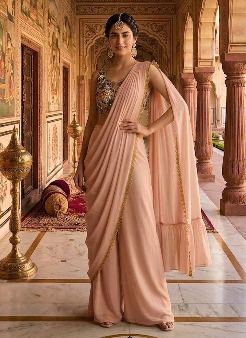Trendy Pink Georgette Sequins Hand Embroidered Designer Palazzo Style Saree Wedding Wear