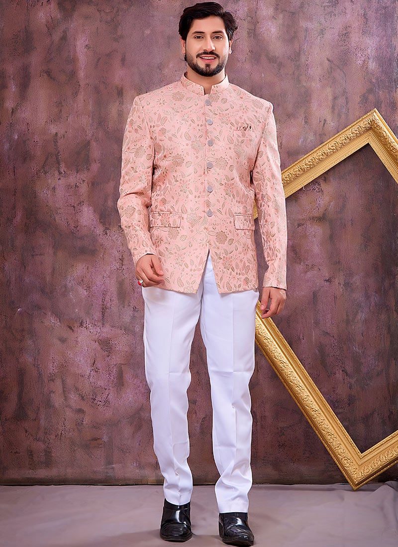 Trendy Pink Jacquard Silk Thread Embroidered Bandhgala Jacket