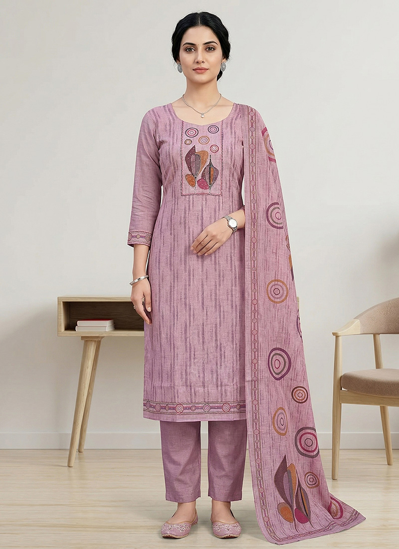 Trendy Pink Linen Shimmer Digital Print Straight Pant Suit After Six Wear