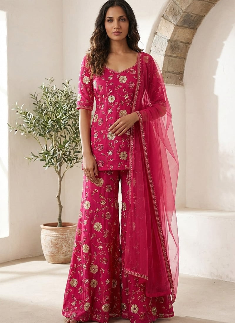 Trendy Pink Silk Embroidered Palazzo Suit Festive Wear