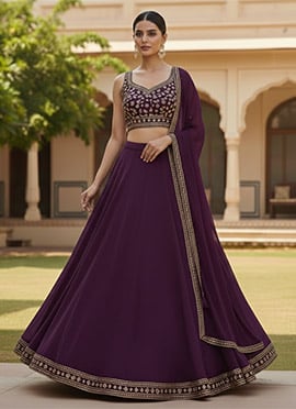 Trendy Purple Georgette Zari Sequins Hand Embroidered Umbrella Lehenga
