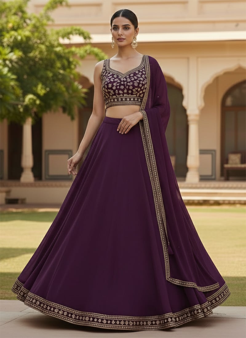 Trendy Purple Georgette Zari Sequins Hand Embroidered Umbrella Lehenga Wedding Wear