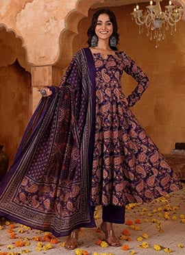 Trendy Purple Rayon Blend Printed Anarkali Suit
