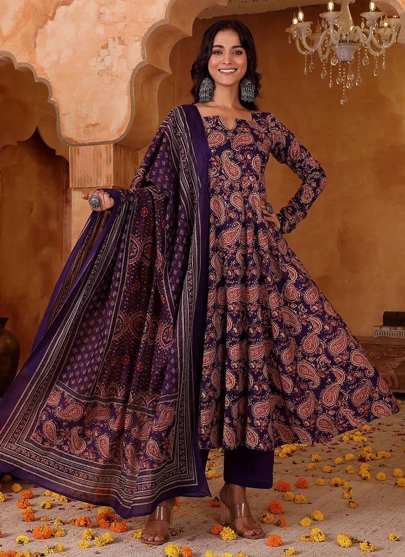 Trendy Purple Rayon Blend Printed Anarkali Suit After Six Wear