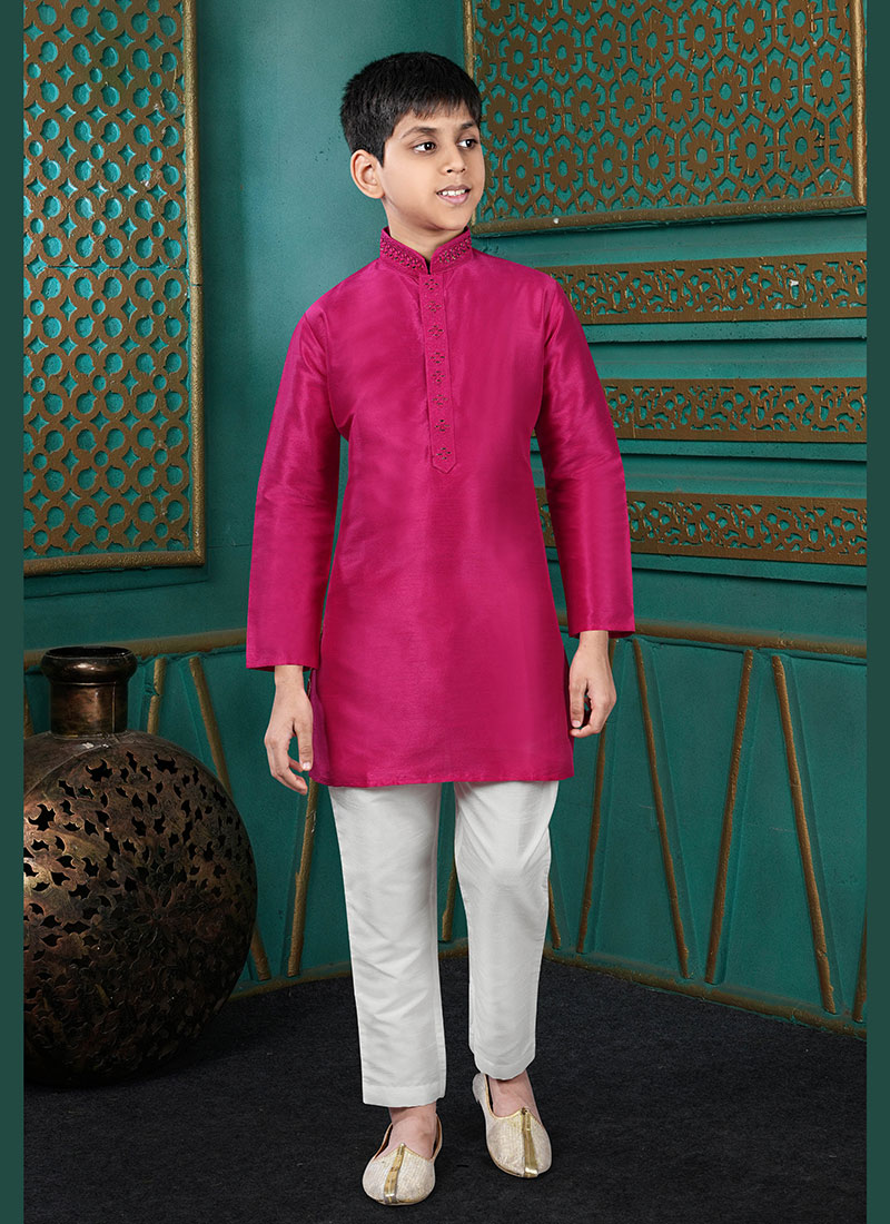 Trendy Rani Pink Art Silk Embroidered Kids Boys Kurta Pyjama Festive Wear