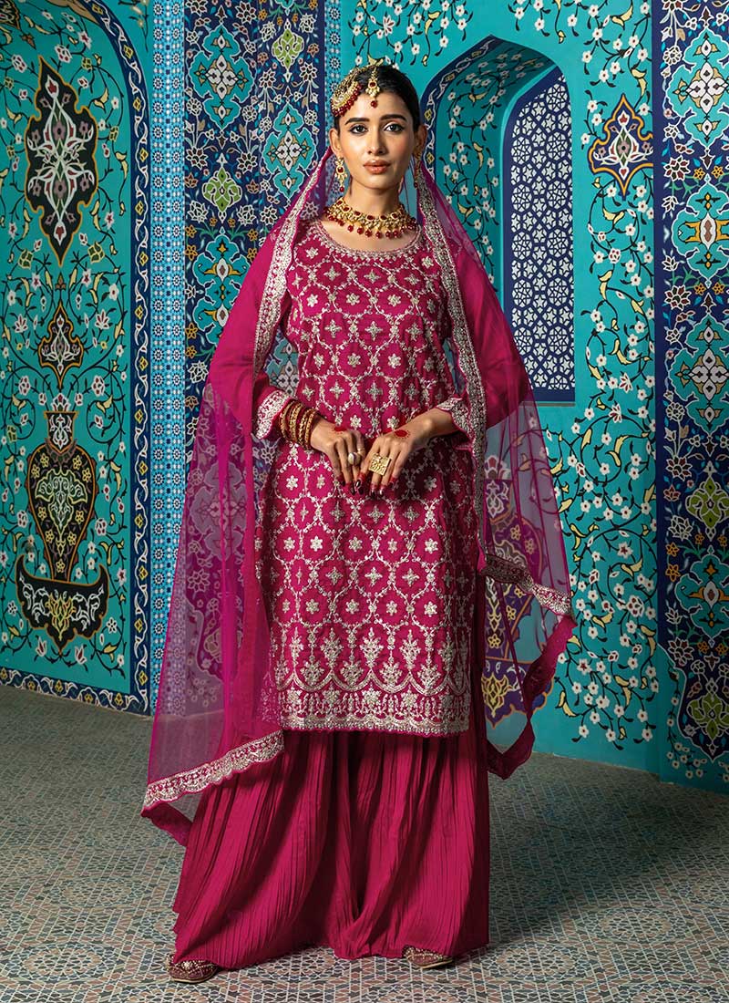Trendy Rani Pink Viscose Silk Zari Sequins Sharara Suit Festive Wear-SLSCBSRF7220