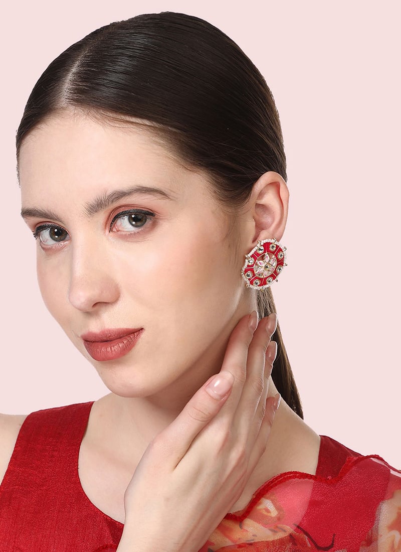 Trendy Red And White Kundan Stone Meenakari Oversize Studs After Six Wear