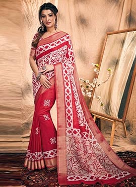 Trendy Red Chanderi Silk Batik Print Saree