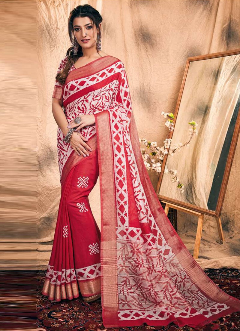 Trendy Red Chanderi Silk Batik Print Saree After Six Wear