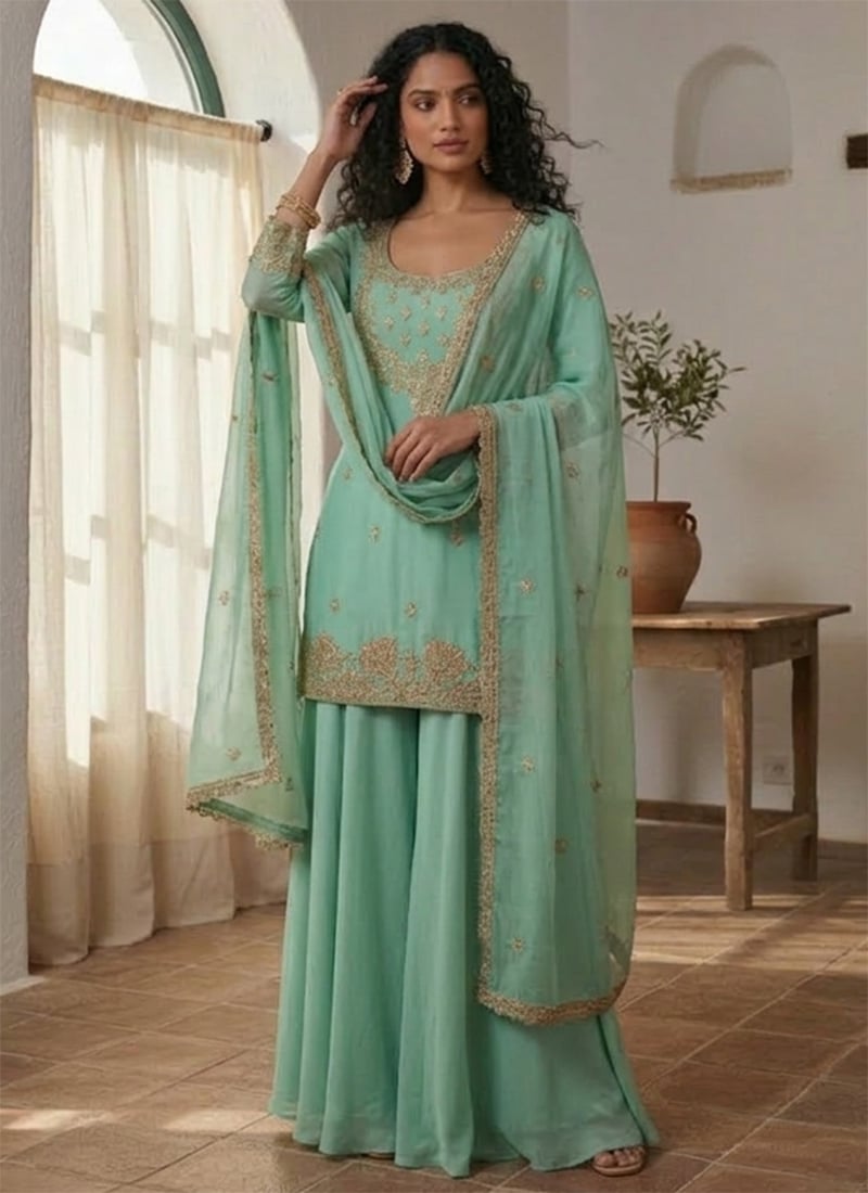 Trendy Sea Green Georgette Zari Sequins Palazzo Suit Festive Wear