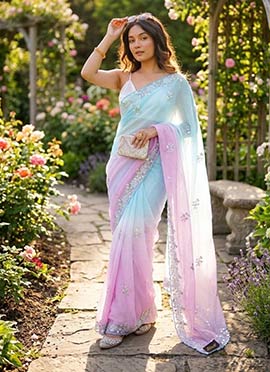 Trendy Sky Blue Crush Chiffon Sequins Moti Cutdana Work Saree