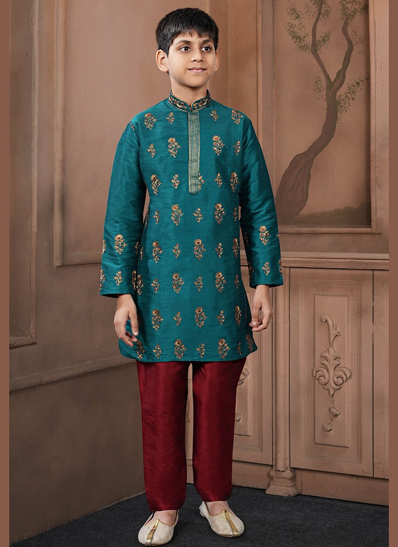 Trendy Teal Art Silk Embroidered Kids Boys Kurta Pyjama Festive Wear