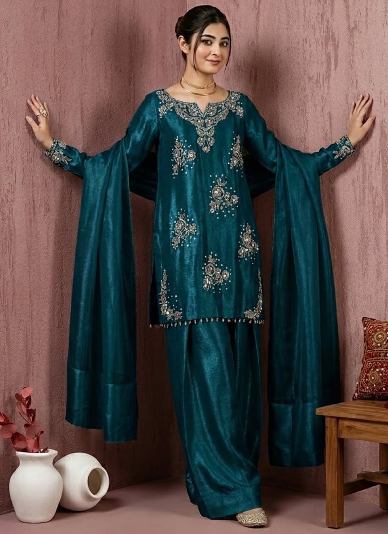 Trendy Teal Organza Beads Zari Sequins Salwar Suit After Six Wear