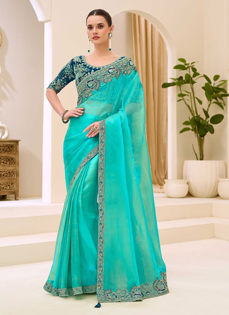 Trendy Turquoise Blue Georgette Embroidered Sequins Zari Thread Saree Wedding Wear