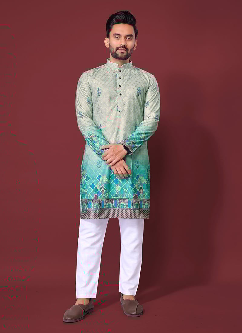 Trendy Turquoise Cotton Rayon Embroidered Sequins Kurta Pyjama Festive Wear