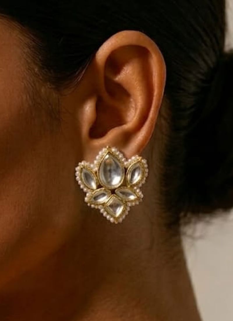 Trendy White Kundan Beads Studs Festive Wear