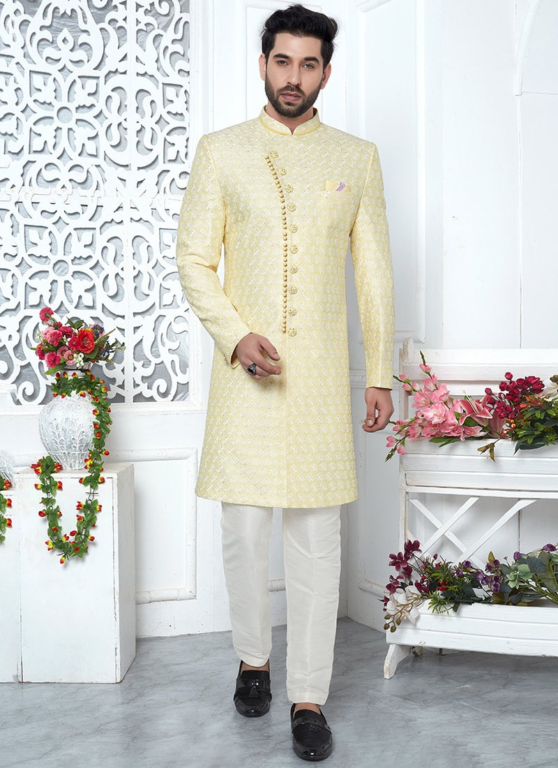 Trendy Yellow Embroidered Silk Indowestern Sherwani Party Wear