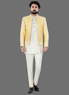 Trendy Yellow Jacquard Bandhgala Suit