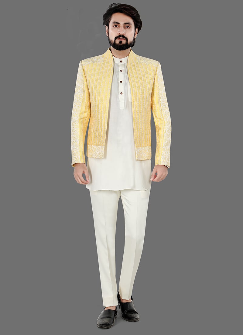 Trendy Yellow Jacquard Bandhgala Suit Wedding Wear