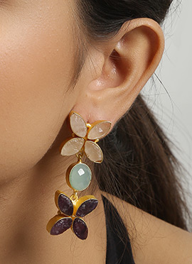 Tricolor Gold Brass Kundan Danglers