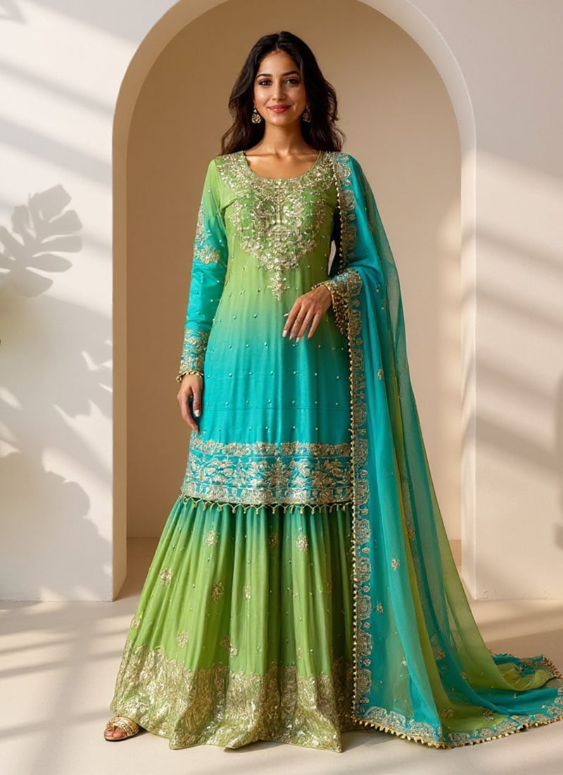 Turquoise And Green Chinon Zari Sequins Moti Sharara Suit